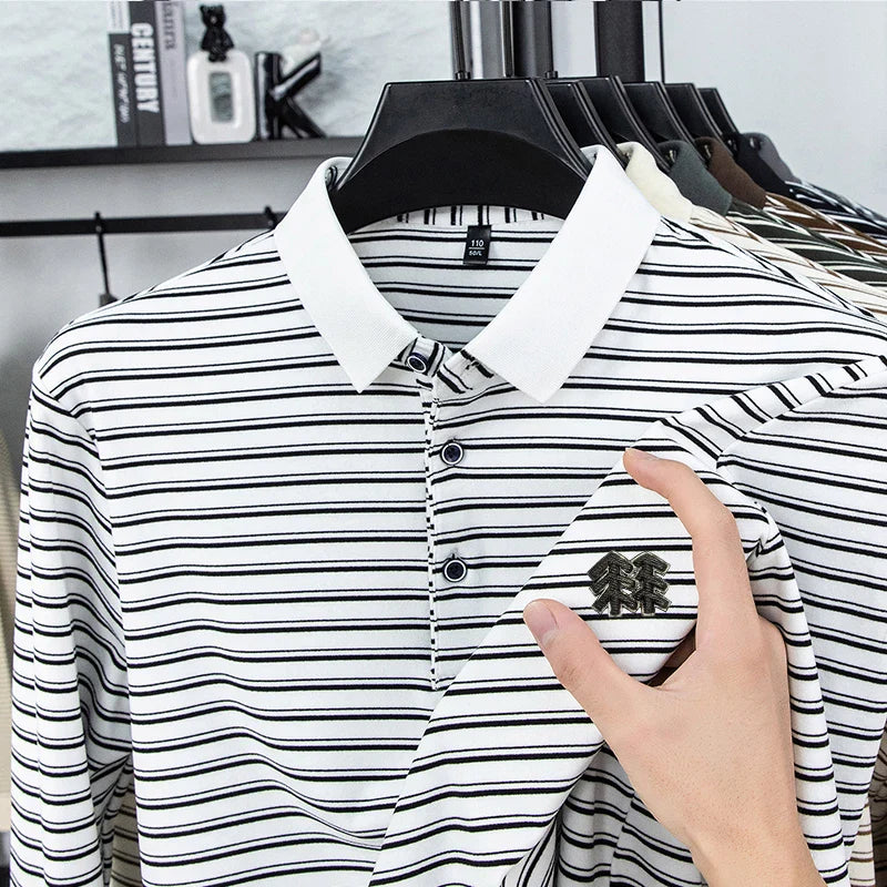 Men's Striped Long Sleeved T-shirt Polo Shirt Button Up Men's Stand Up Collar, Winter Double-sided German Velvet Base Shirt