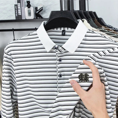 Men's Striped Long Sleeved T-shirt Polo Shirt Button Up Men's Stand Up Collar, Winter Double-sided German Velvet Base Shirt