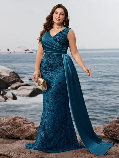 Plus Size Elegant V-neck Blue Splice Sequins Evening Dress Sleeveless Mermaid Formal Luxury Party Streamer Cocktail Gown