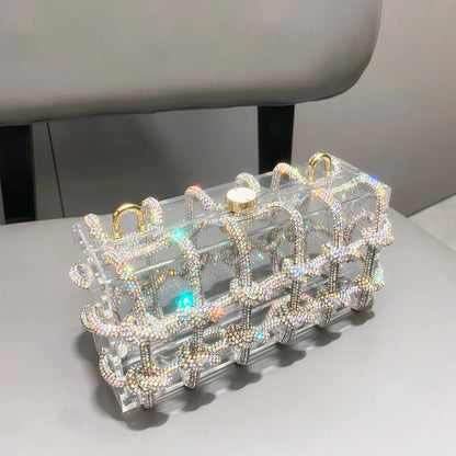 Bolsa de Noite com Alça e Strass Prateada de Cristal Feita à Mão para Mulheres, Bolsas e Bolsas de Mão de Designer de Luxo para Banquete