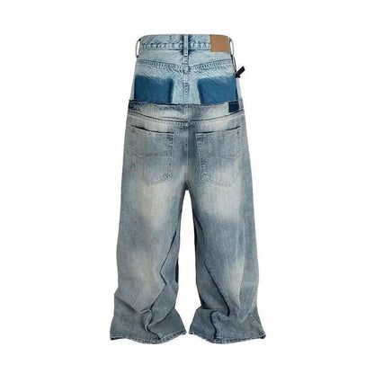 Niche Colorblock Patchwork Wide Leg Blue Jeans Men's Spring 2025 New Straight Double Waist Design Denim Trousers 28W6048
