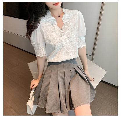 2026 Summer Embroidery Puff Sleeve Linen Cotton Women Blouse Spring Casual White Hollow Out Tops Short Sleeve Shirt
