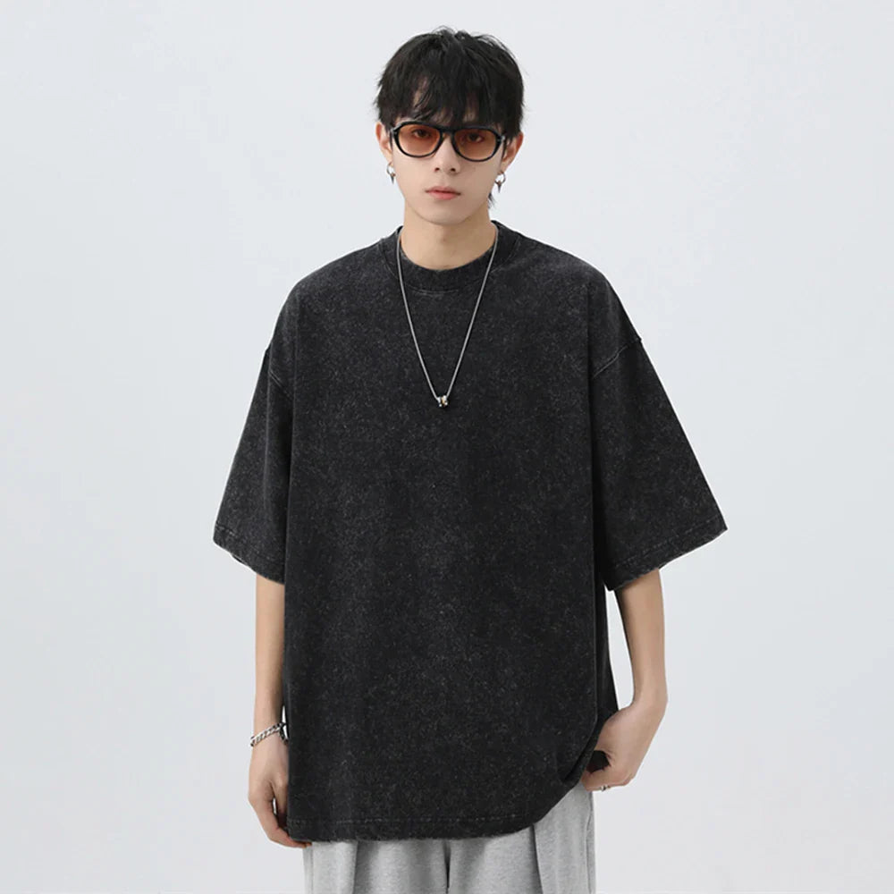 Japanese Korean Style Stir Fried Snowflake Washed T-Shirts Men Women Cotton Heavyweight Summer Hip Hop Streetwears Short Sleeved