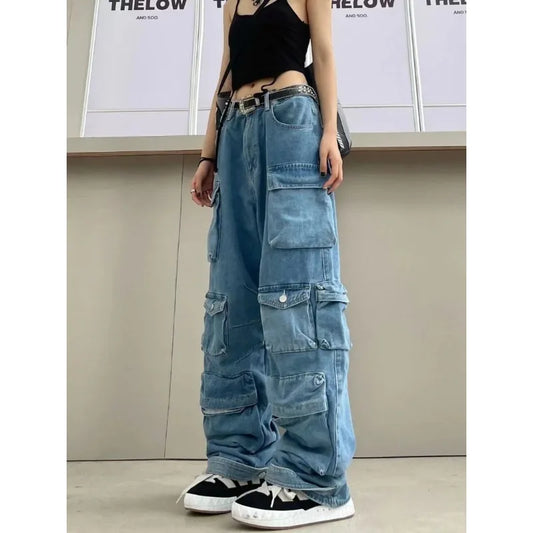 Multi-Pocket Blue Washed Jeans Cargo Pants