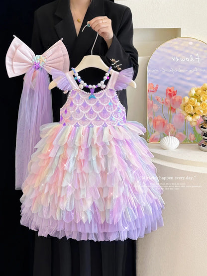 Vestido de Princesa Sereia Vestido de Verão para Meninas Vestido de Aniversário com Alças de Luxo para Meninas Lolita Pongsa