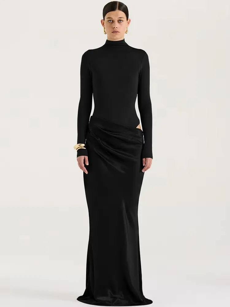 Satin Sexy Hollow Out Women Maxi Dress Black Sleeveless High Waist Dress Female Autumn Skinny Elegant Party Clubwear