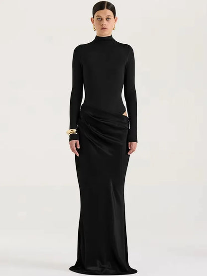 Satin Sexy Hollow Out Women Maxi Dress Black Sleeveless High Waist Dress Female Autumn Skinny Elegant Party Clubwear