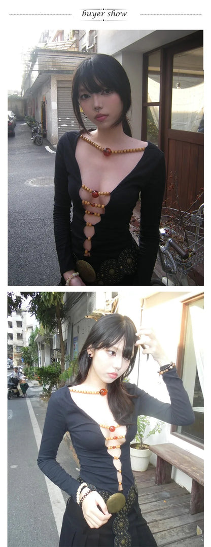 Japanese Y2k Hollow Out Tops Vintage Harajuku Beaded T Shirt 2000s Aesthetics Long Sleeve Slim T-shirts American Retro