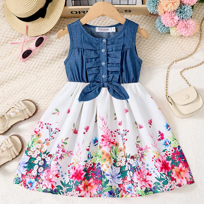 New Summer Children Dresses With Bow Print Casual Dress Outdoor Carnival Birthday Party Girl Clothes Cute Girl Skirt 2-10Y