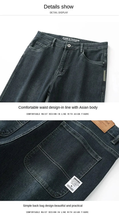 Men's Spring Autumn Soft Baggy Jeans Casual Straight Stretch Wide-Leg Business Denim Pants Versatile Comfortable Loose Trousers