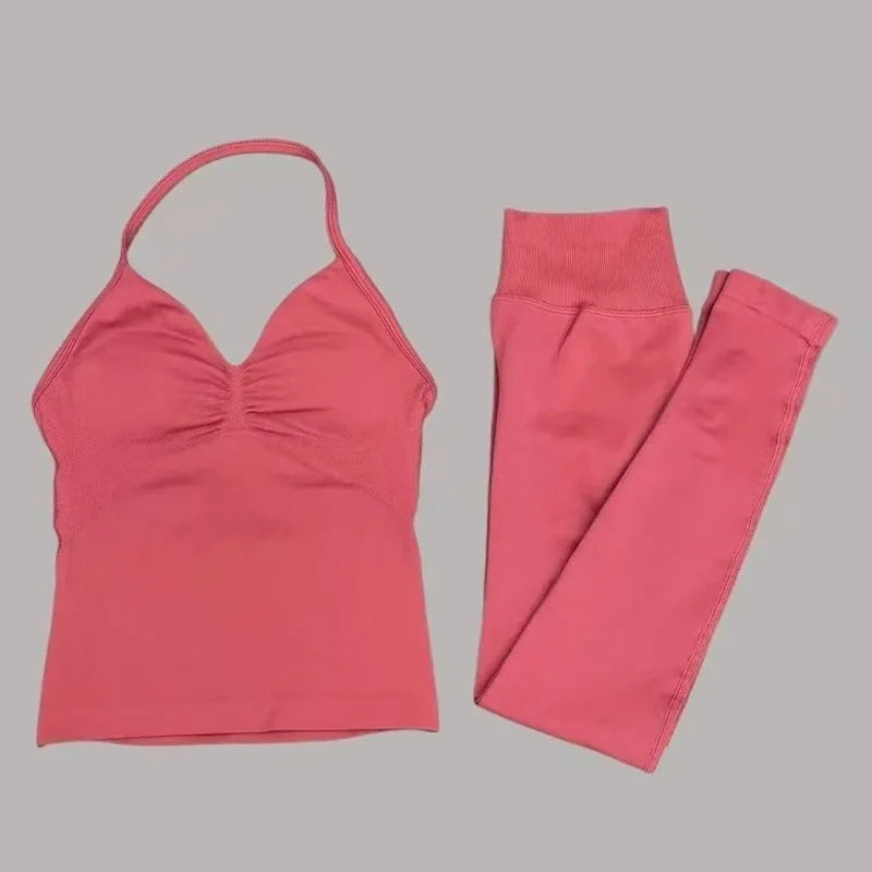 2Piece Sports Gym Set Women Longline Strappy Top Fitness Clothes Seamless Yoga Set Running Workout Sports Leggings Sets