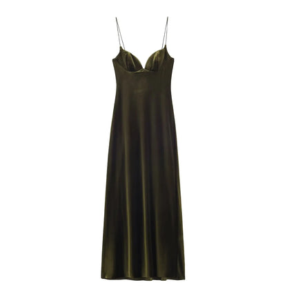 Women Red V-Neck Holiday Style Satin Texture Long Dress Sleeveless Summer Women's Back Zipper Fashion Sling Dresses