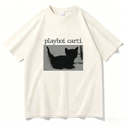 Summer Playboi Carti Hip-Hop T Shirt Cute Cat Harajuku Print Tee Regular Men's Clothing Tops Quality Rapper 2026 New T Shirt