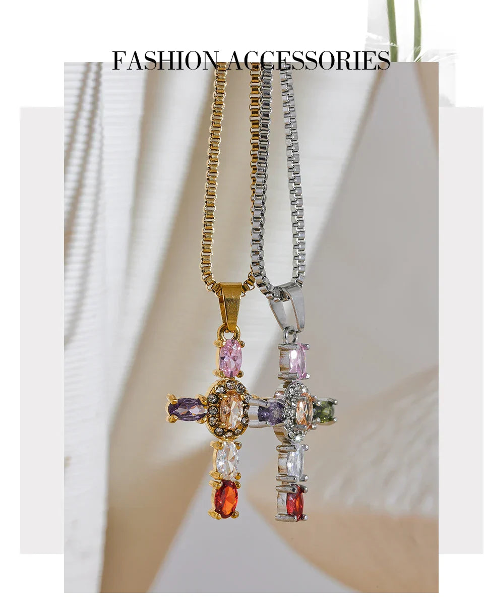 Delicate Colorful Bling Cubic Zirconia Cross Pendant Stainless Steel Luxury Necklace High-Grade Fashion Shiny Jewelry Gift