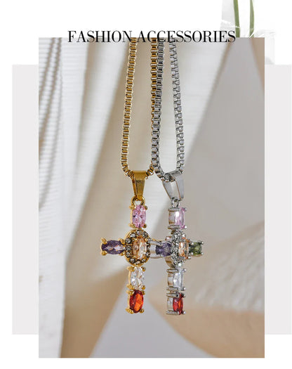 Delicate Colorful Bling Cubic Zirconia Cross Pendant Stainless Steel Luxury Necklace High-Grade Fashion Shiny Jewelry Gift
