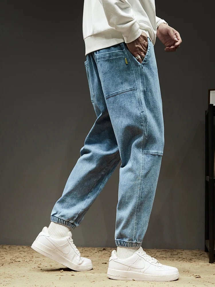 Calça Jeans Masculina Cargo Primavera Verão Levemente Elástica Algodão Denim Jogger Preta Azul Streetwear Folgada
