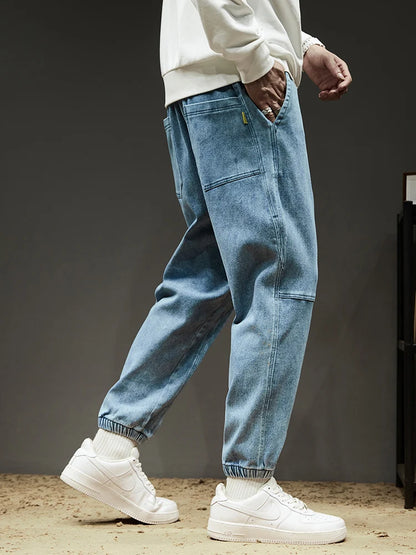 Calça Jeans Masculina Cargo Primavera Verão Levemente Elástica Algodão Denim Jogger Preta Azul Streetwear Folgada