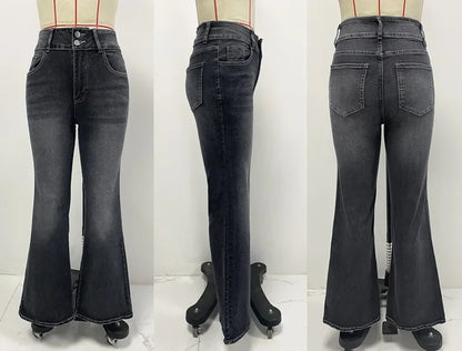 Jeans Flare Pant Women Denim Long Pants Bodycon Casual Y2k Elegant Vintage Button Pocket Straight Trousers Zipper Streetwear