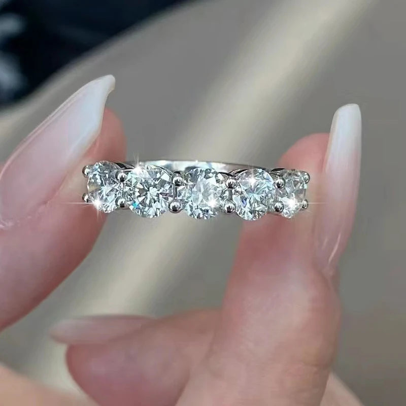 Full 4mm Moissanite Ring for Women 5 Stones Diamond Wedding Band Bride S925 Sterling Silver with White Gold Plated Rings