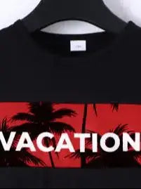 Tween Boys Casual Coconut Tree Print Short Sleeve And Shorts Set for Outdoor Beach Vacation Style Spring/Summer Gift Idea