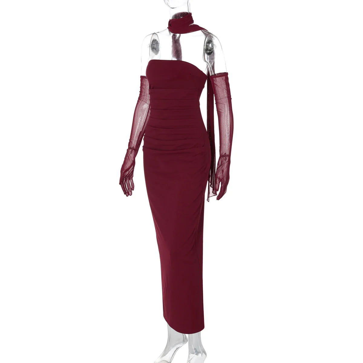 Elegant Scarf Strapless Solid Mesh Gloves Sexy Bodycon Maxi Prom Dress Women Fashion Y2K Outfits Wedding Party Birthday