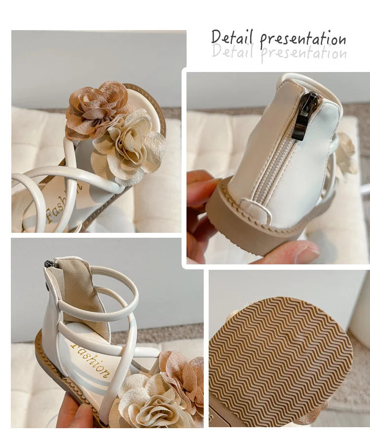 2025 Girls Sandals Summer New Flower Pearls Little Girl Princess Shoes Soft Bottom Non-slip Girl Kids Roman Sandals Shoes I03191
