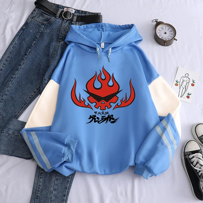 Anime Tengen Toppa Gurren Lagann Letter Hoodies Harajuku Flaming Skull Red Graphic Autumn Winter Warm Patchwork Sweatshirts