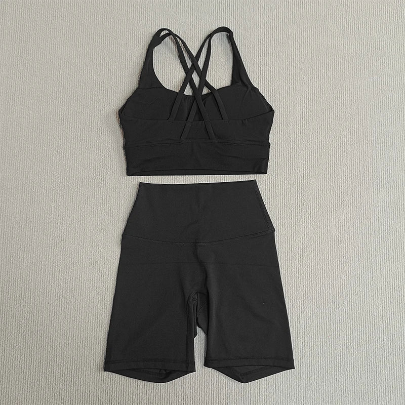 Women's 2-Piece Yoga Set Tights Shorts For Woman Cross Back Bra Top + High Waist Shorts Fitness Running Workout Tracksuit
