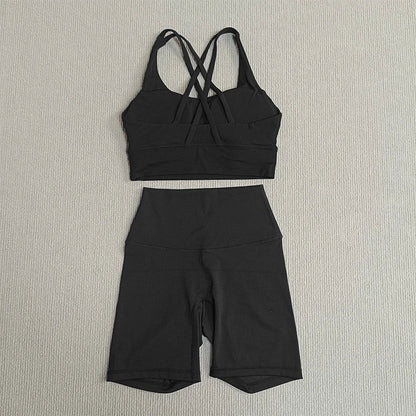 Women's 2-Piece Yoga Set Tights Shorts For Woman Cross Back Bra Top + High Waist Shorts Fitness Running Workout Tracksuit