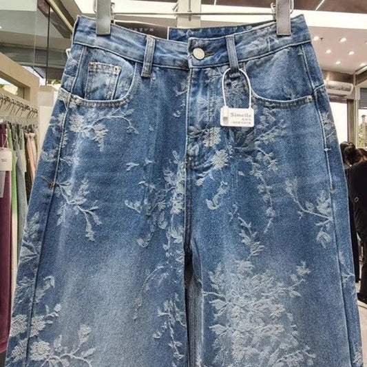 Korean Niche Jacquard Wide-leg Jeans Women Summer Trousers New Design Sense High-waist Casual Straight-leg Floor-length Pants