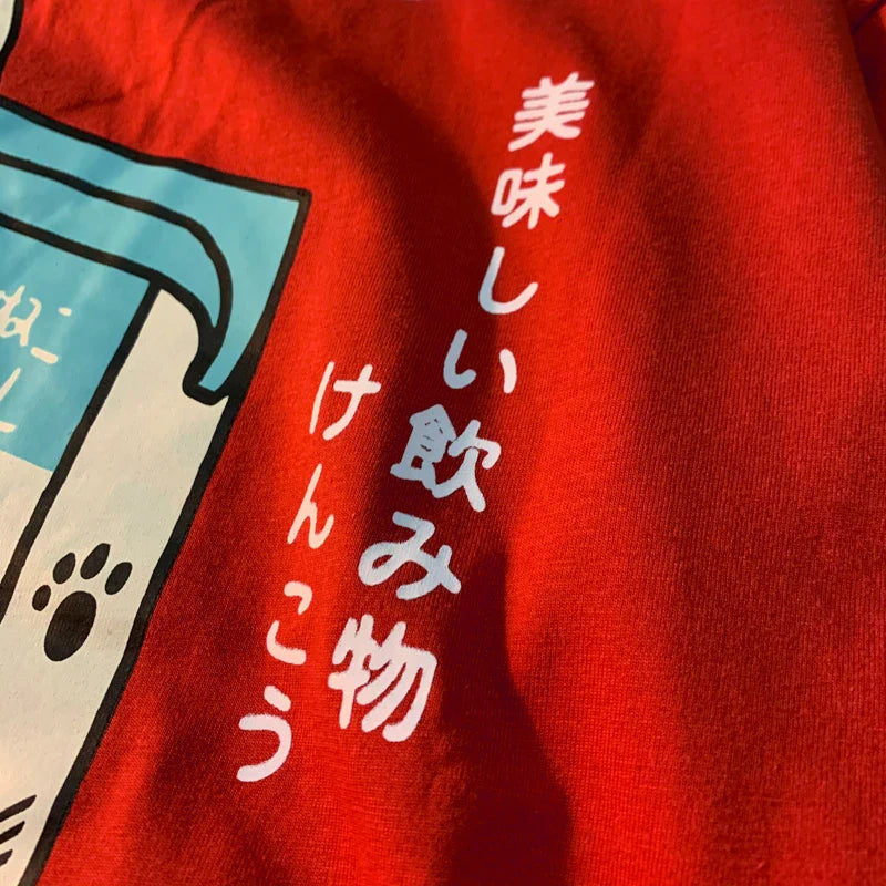 Cute Japanese Cat Print Oversized T-shirt men Women Short Sleeve Loose Casual Tee Shirt Streetwear Tops Cotton Harajuku Clothing