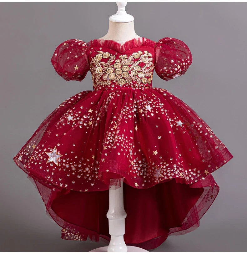 Girl Tail Wedding Bridesmaid Dress Children's Elegant Banquet Dress Children's Round Neck Sleeveless Dress Girl