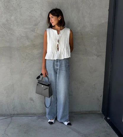 White Bandage Ribbed Tank Top Shirts For Women Hollow Out Sleeveless Slim Summer Fashion Vest Women's Lace-Up Vest Y2k Top