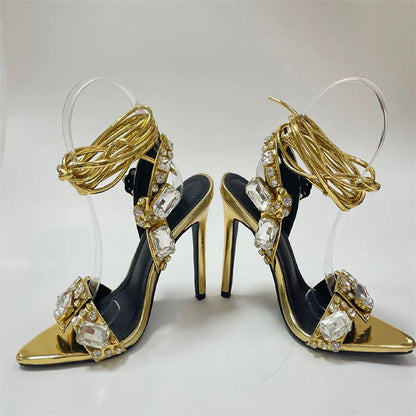 Sexy Ankle Strap Golded Sandals Women Party Nightclub Stripper Heels High Quality Crystal Diamond Pointed Toe Wedding Shoe
