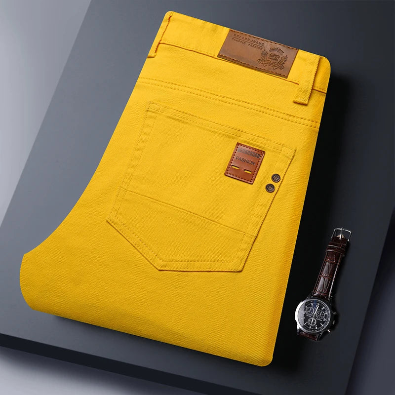 Calça Jeans Masculina Slim Elástica Colorida Estilo Coreano Primavera Outono Macia Confortável Casual Reta Denim Streetwear