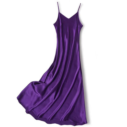 100% Natural Mulberry Silk Plain Satin French V-neck Diagonal Cut Women's Sexy Solid Suspender Dress