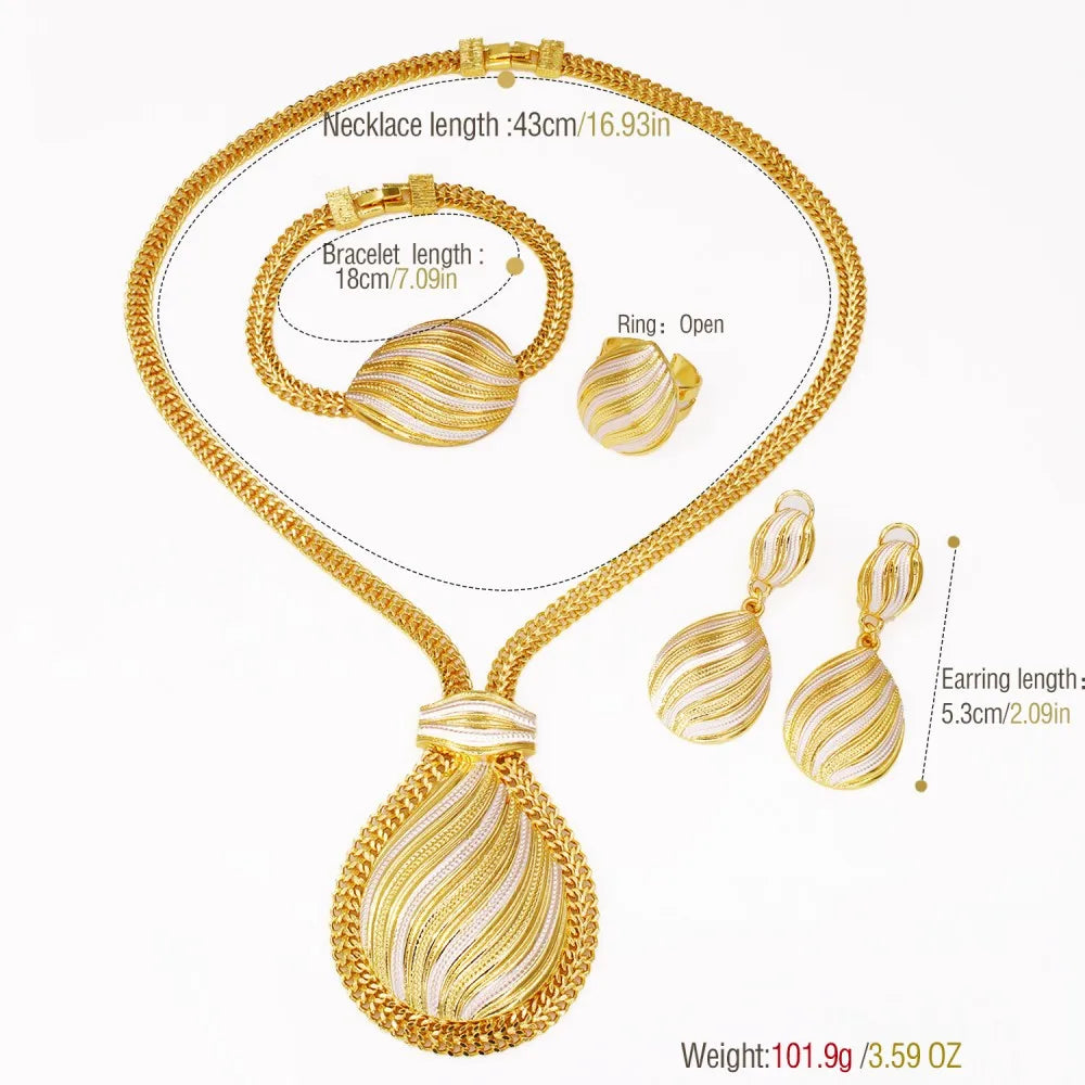 Two Tone Jewelry Set Gold Plated Big Pendant Necklace Bracelet Water Drop Earring Ring For Women Wedding Gifts 2025 New