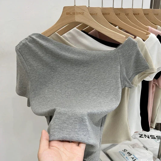 Womens Long Sleeve Off Shoulder T Shirts 2026 Tight Knit Sexy Slim Fitted Casual Women's Basic Tops Cropped T-Shirt