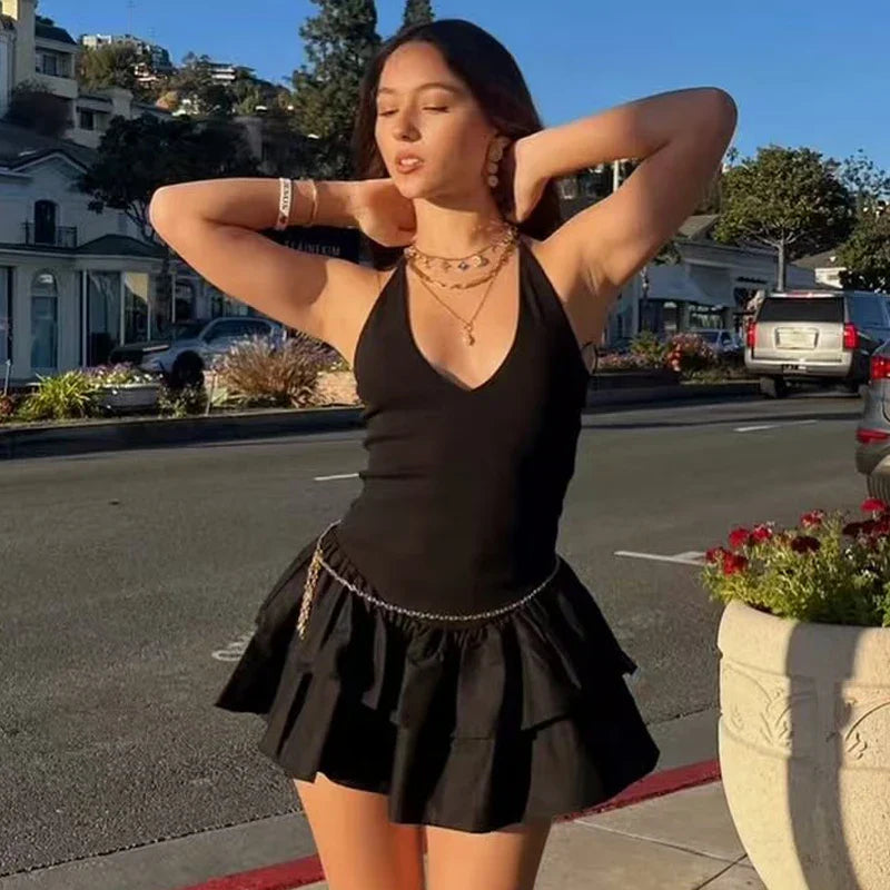 Womens Dresses Ruffled Halter Dress Summer Black Pink White Dress Mini Layered Backless Short Dresses Elegant Vestidos 066