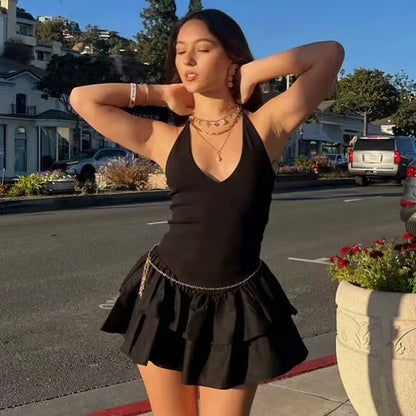 Womens Dresses Ruffled Halter Dress Summer Black Pink White Dress Mini Layered Backless Short Dresses Elegant Vestidos 066
