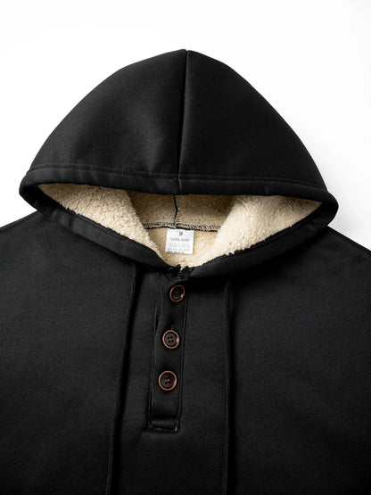 Men's Half Button Hoodie Thicken Winter Hooded Sweatshirts Retro Warm Fleece Knit Sweater Outdoor Running Sports Casual Pullover