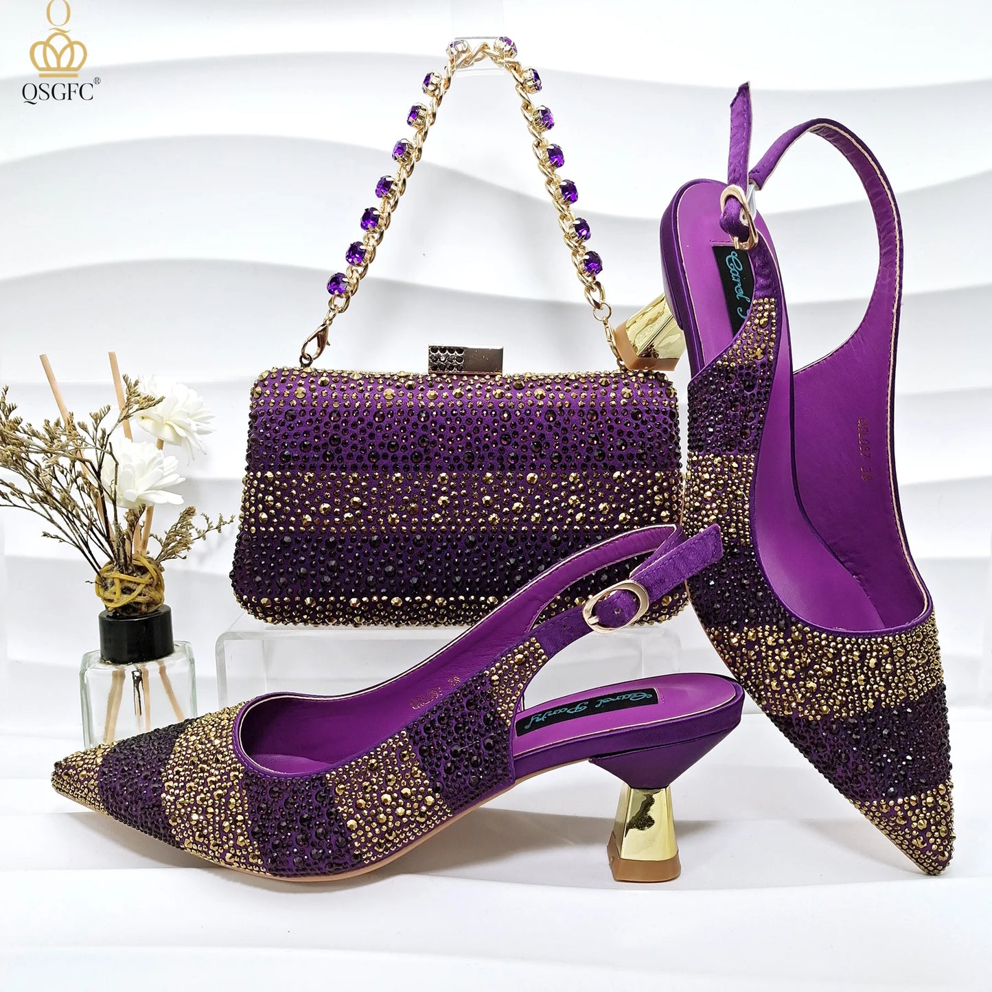 Nigerian Women Heel Ladies Italian Luxury Design Green Shoes And Bag Set Decorated with Rhinestone Handbag Wedding Party