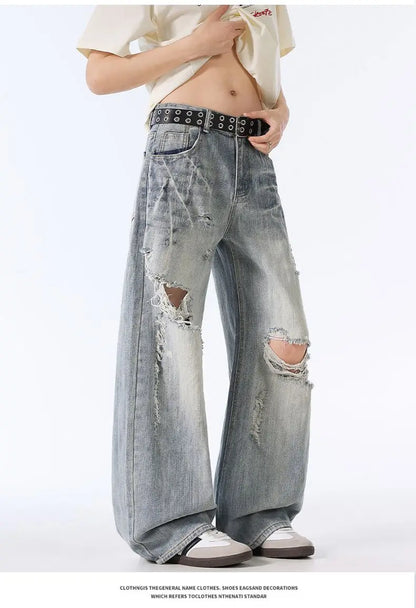 Male Ripped Pants Stretch Solid Blue Casual Men's Wide Leg Trousers Office Work Denim Pants Autumn Korean Vintage Straight Pants