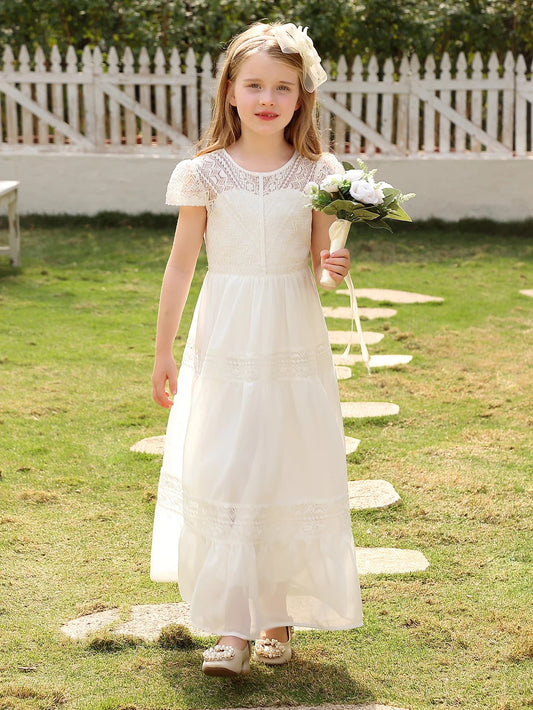 Children's Vintage Wedding Flower Girl Dresses Beach Holiday Lace Backless Long Dresses Girls' Communion Dresses