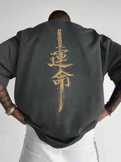 Men's summer 100% pure cotton fashionable casual loose Japanese samurai sword pattern printed round neck short sleeved T-shirt