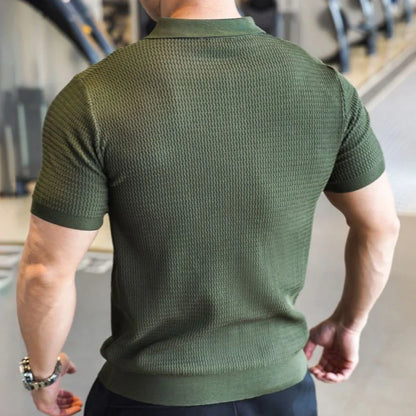 Men's Knitted Business Polo Shirt Summer Ice Silk Breathable Elastic Slim Fit Solid Color Lapel Short Sleeve Knitted T-Shirt Top