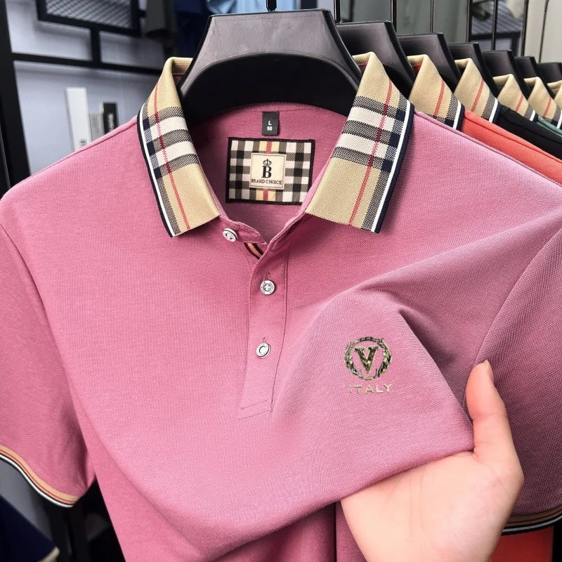 High end brand men's short sleeve polo shirt summer new letter emboss lightweight breathable fashion color blocked lapel T-shirt