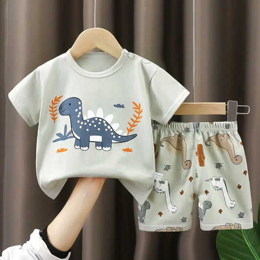 Kids Boys Short Sleeves Tees+Shorts 2-piece Clothes Set Cartoon Dinosaur Bear Summer Girls Soft Cotton Sports Casual Suit 1-6 Y