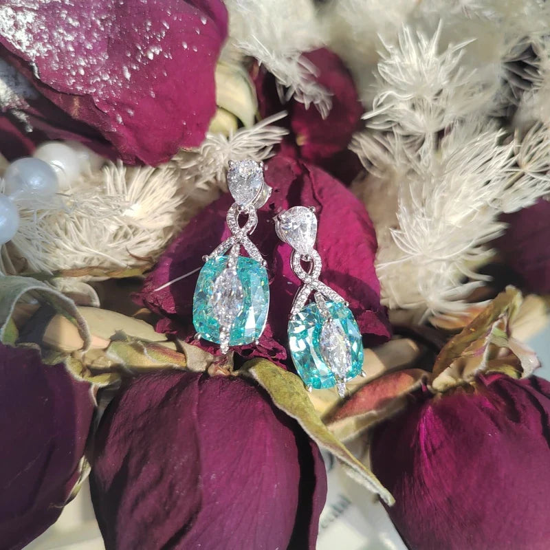 925 Sterling Silver Gold Plated Synthetic Gemstone Light Blue Paraiba Shiny Earrings for Ladies