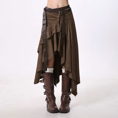 Women Goblin Core Irregular Abi Y2k Midi Skirt Harajuku Japanese 2000s Grunge E-girl Tide Kpop Maillard Cyber Punk Design Goth